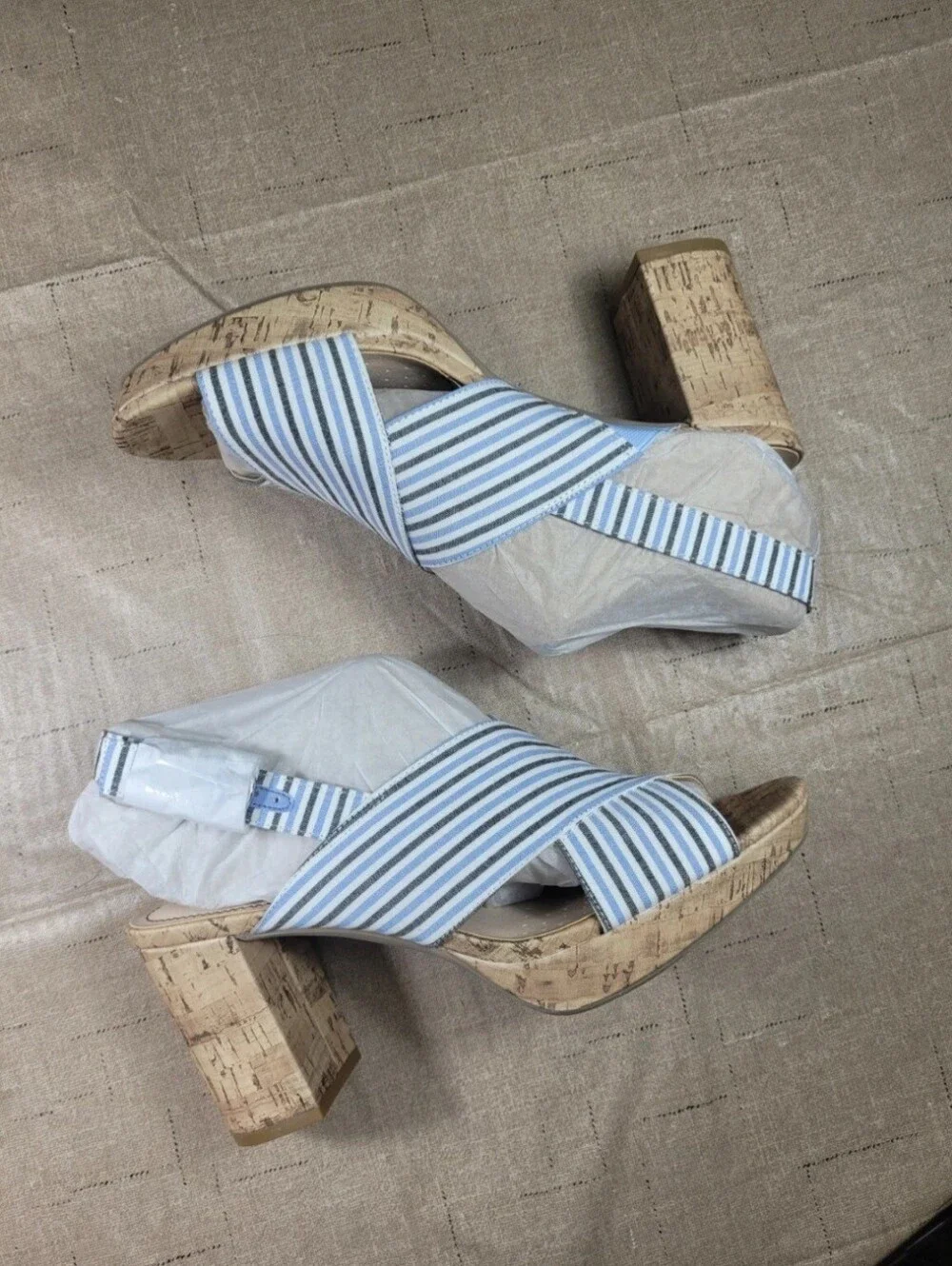 LifeStride Women's 9.5 M Striped Strappy Slingback Block Heel Sandals Blue White